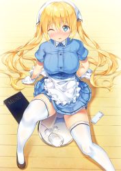 Rule 34 | 1girl, ;o, apron, arm behind back, blend s, blonde hair, blue dress, blue eyes, blush, breasts, brown footwear, dress, fallen down, foreshortening, frilled apron, frills, from above, gloves, head scarf, highres, hinata kaho, jar, kazuma (kazumav), knee up, large breasts, long hair, looking at viewer, menu, nose blush, on floor, one eye closed, open mouth, panties, pantyshot, pantyshot through reflection, polka dot, polka dot panties, puffy short sleeves, puffy sleeves, reflection, shoes, short sleeves, sitting, solo, spill, sweat, tareme, thighhighs, thighs, tray, twintails, underwear, very long hair, waist apron, water, white apron, white gloves, white panties, white thighhighs, wooden floor, zettai ryouiki