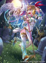 Rule 34 | 1girl, arrow (projectile), blonde hair, boots, bow, braid, company name, emma (fire emblem), fire emblem, fire emblem echoes: shadows of valentia, helmet, intelligent systems, long hair, matsurika youko, moon, night, nintendo, official art, open mouth, pegasus, pegasus knight uniform (fire emblem), polearm, ponytail, solo, sparkle, spear, star (sky), sword, teeth, tombstone, tongue, tongue out, tree, weapon, yellow eyes, zombie