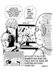 Rule 34 | 2boys, bald, black sclera, cape, clenched hand, colored sclera, controller, cyborg, english text, genos, gloves, greyscale, hard-translated, male focus, monochrome, multiple boys, murata yuusuke, one-punch man, remote control, saitama (one-punch man), short hair, sweat, sweatdrop, nervous sweating, television, third-party edit
