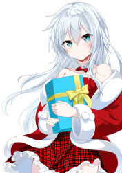 1girl bare_shoulders blue_eyes bow bowtie box collarbone detached_collar dress fathom fur-trimmed_jacket fur_trim gift gift_box hibiki_(kancolle) highres hugging_object jacket kantai_collection plaid_clothes plaid_dress pom_pom_(clothes) red_bow red_bowtie red_dress red_jacket simple_background solo white_background white_hair