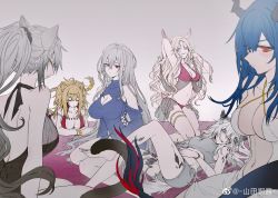 Rule 34 | 6+girls, absurdres, animal ears, arknights, arm up, armpits, blue hair, bracelet, breasts, brown hair, ch&#039;en (arknights), cleavage, cleavage cutout, clothing cutout, criss-cross halter, dress, gitano (arknights), hair between eyes, halterneck, harem outfit, highres, horns, jewelry, lappland (arknights), large breasts, long hair, looking at viewer, lying, material growth, midriff, multiple girls, navel, on back, on stomach, oripathy lesion (arknights), ponytail, profile, red eyes, schwarz (arknights), shantianajiang, sidelocks, siege (arknights), silver hair, sitting, skadi (arknights), thighlet, turtleneck, weibo watermark, white dress