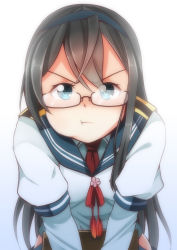 Rule 34 | 10s, 1girl, :t, armlet, bent over, black hair, blue eyes, blush, brown-framed eyewear, brown hair, close-up, commentary request, glasses, hairband, highres, hip vent, holding, kantai collection, long hair, long sleeves, looking at viewer, necktie, ooyodo (kancolle), pout, red necktie, red ribbon, ribbon, school uniform, semi-rimless eyewear, simple background, solo, under-rim eyewear, upper body, very long hair, white background, yasume yukito