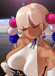 Rule 34 | 1girl, absurdres, bare shoulders, blunt bangs, breasts, cleavage, collarbone, commentary, cookiedusty, dark-skinned female, dark skin, elbow gloves, gloves, hair ornament, halterneck, highres, hololive, hololive english, large breasts, lens flare, limiter (tsukumo sana), planet, rabbit hair ornament, see-through, see-through cleavage, sideboob, sidelocks, smile, solo, space, star (symbol), tsukumo sana, tsukumo sana (1st costume), twintails, upper body, virtual youtuber, white gloves