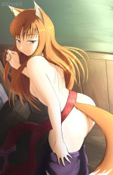 Rule 34 | 1girl, absurdres, animal ear fluff, animal ears, artist name, ass, back, bed, breasts, brown hair, closed mouth, clothes pull, commission, dated, eryz, female focus, fox ears, fox girl, fox tail, from behind, half-closed eyes, hand up, happy, highres, holo, indoors, long hair, looking back, pants, pants pull, playing with own hair, purple pants, red eyes, sash, sidelocks, sideways mouth, signature, small breasts, smile, solo, spice and wolf, tail, topless, twitter username, undressing, watermark