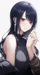 Rule 34 | 1girl, 2sham, absurdres, black eyes, black hair, blush, dress, earrings, highres, holding hands, jewelry, long hair, looking at viewer, mole, mole under mouth, nail polish, off-shoulder dress, off shoulder, original, smile, solo, very long hair, white background