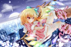 Rule 34 | 1girl, alternate costume, blonde hair, boots, bow, box, flandre scarlet, gift, gift box, gradient eyes, grin, hair bow, hair ornament, hair ribbon, holding, looking at viewer, multicolored eyes, red eyes, ribbon, side ponytail, smile, solo, touhou, toy block, wings, yuimari