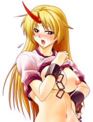 Rule 34 | 1girl, 846-gou, bad id, bad pixiv id, blonde hair, blouse, blush, breasts, chain, clothes lift, cuffs, female focus, hand on own hip, hip focus, horns, hoshiguma yuugi, large breasts, long hair, midriff, navel, nipples, no bra, red eyes, shirt, shirt lift, simple background, single horn, solo, touhou, white background, white shirt, wide hips