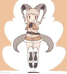 Rule 34 | 1girl, animal ears, arms up, belt, boots, brown background, coroha, elbow gloves, extra ears, full body, gloves, goat ears, goat girl, goat horns, grey hair, horns, jumping, kemono friends, kemono friends 3, looking at viewer, necktie, nubian ibex (kemono friends), shirt, short hair, shorts, simple background, solo, vest