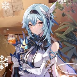 Rule 34 | 1girl, alcohol, arm under breasts, black hairband, blue cape, blue gloves, blue hair, blue necktie, breasts, cape, closed mouth, clothing cutout, cross-laced clothes, cross-laced cutout, cup, drink, drinking glass, eula (genshin impact), genshin impact, gloves, hair between eyes, hair ornament, hairband, hand up, highres, holding, holding cup, holding drink, ice, ice cube, indoors, kure~pu, long sleeves, looking at viewer, medium breasts, medium hair, necktie, plant, potted plant, shoulder cutout, side cape, sidelocks, snowflakes, solo, upper body, vision (genshin impact), whiskey, white sleeves, wide sleeves, yellow eyes