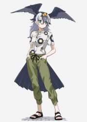 Rule 34 | 1girl, bird girl, bird tail, bird wings, black footwear, black hair, capri pants, casual, collared shirt, commentary, feet, floral print, full body, green eyes, green pants, grey background, grey hair, hair between eyes, hands in pockets, head wings, highres, japanese cormorant (kemono friends), jewelry, kemono friends, kemono friends 3, legs, long hair, multicolored hair, nail polish, necklace, no socks, official alternate costume, pants, red nails, sandals, shirt, sidelocks, simple background, solo, tail, tanabe (fueisei), toenail polish, toenails, toes, two-tone hair, white shirt, wings