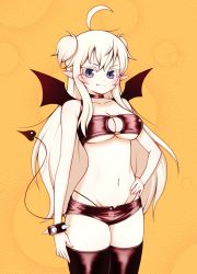 Rule 34 | 1girl, ahoge, arm at side, bandeau, bare shoulders, black shorts, black thighhighs, blonde hair, blue eyes, blush, breasts, closed mouth, collarbone, colored eyelashes, cowboy shot, demon girl, demon tail, demon wings, eron, fang, fang out, groin, hair between eyes, hand on own hip, head tilt, highleg, highleg panties, highres, large breasts, long hair, looking at viewer, navel, o-ring, o-ring top, orange background, original, panties, short shorts, shorts, slit pupils, smile, solo, standing, tail, thighhighs, two side up, underwear, v-shaped eyebrows, very long hair, wings