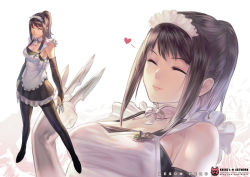 Rule 34 | 1girl, apron, between fingers, black hair, black thighhighs, closed eyes, face, heart, holding, knife, krenz, legs, lips, long hair, maid, maid apron, maid headdress, original, ponytail, solo, thighhighs, yandere, zoom layer