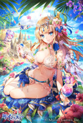 Rule 34 | &gt; &lt;, 4girls, :3, age of ishtaria, anklet, armlet, barefoot, beach, bikini, blonde hair, blue eyes, blue hair, blue sky, breasts, chibi, cleavage, cloud, commentary request, company name, copyright name, copyright notice, cup, day, drink, drinking glass, drinking straw, drooling, flag, flower, flower anklet, full body, gradient hair, green hair, hair flower, hair ornament, halterneck, headpiece, heart, heart-shaped eyes, hibiscus, highres, holding, holding cup, jewelry, long hair, looking at viewer, medium breasts, multicolored hair, multiple girls, navel, nemusuke, ocean, official art, one side up, outdoors, palm tree, petals, purple hair, rose, sand castle, sand sculpture, see-through, shawl, sitting, sky, smile, solo focus, sparkle, swimsuit, tree, water, white bikini, wrist cuffs, yokozuwari