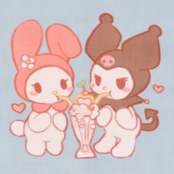 Rule 34 | 2girls, animal ears, animal nose, blue background, blush stickers, cherry, chibi, chibi only, commentary, demon tail, doekis, drinking straw, eyelashes, flower, food, fruit, furry, furry female, jitome, kuromi, lowres, milkshake, multiple girls, my melody, onegai my melody, pastel colors, rabbit ears, rabbit girl, rabbit tail, sanrio, sharing food, signature, skull, symbol-only commentary, tail, yuri