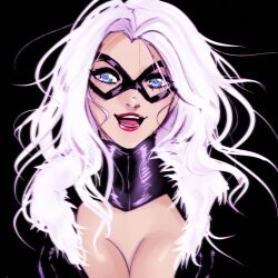 Rule 34 | 1girl, animification, black cat (marvel), blue eyes, breasts, cleavage, domino mask, felicia hardy, fur collar, highres, large breasts, lipstick, long hair, makeup, marvel, mask, messy hair, open mouth, portrait, ryutatchi, solo, white hair