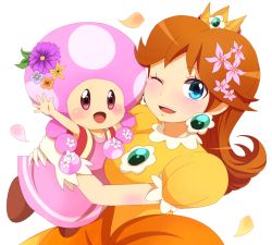 Rule 34 | 2girls, blue eyes, blush, brown hair, crown, dress, flower, gloves, haniwa (8241427), hug, jewelry, mario (series), multiple girls, nintendo, one eye closed, open mouth, pink eyes, pink hair, princess daisy, short hair, simple background, smile, super mario bros. 1, toadette, twintails, white background, wink