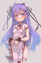 Rule 34 | 1girl, :o, ahoge, azur lane, bare hips, black ribbon, blush, breasts, bun cover, china dress, chinese clothes, cleavage, cleavage cutout, clothing cutout, cowboy shot, double bun, dress, eip (pepai), floral print, flower knot, grey background, groin, hair between eyes, hair bun, hair ornament, hair ribbon, hairclip, half-closed eyes, head tilt, high collar, long hair, looking at viewer, medium breasts, no panties, open mouth, own hands together, parted lips, pelvic curtain, purple eyes, purple hair, ribbon, short sleeves, side slit, sidelocks, simple background, solo, split mouth, standing, steepled fingers, thighhighs, unicorn (azur lane), unicorn (the gift of spring) (azur lane), very long hair, white dress, white thighhighs, wrist cuffs
