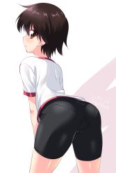 Rule 34 | 1girl, :o, ass, bike shorts, black shorts, blush, brown eyes, brown hair, commentary, dated, from behind, girls und panzer, gym shirt, gym uniform, hands on thighs, highres, isobe noriko, kuzuryuu kennosuke, leaning forward, light blush, looking at viewer, one-hour drawing challenge, pantylines, parted lips, shirt, short hair, short shorts, short sleeves, shorts, skindentation, solo, standing, t-shirt, thighs, twitter username, white shirt