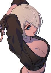 Rule 34 | 1girl, angel (kof), arms behind head, ass, blue eyes, breasts, cleavage, fingerless gloves, from above, gloves, grey hair, hair over one eye, highres, large breasts, legs, looking at viewer, midriff, navel, open mouth, pink lips, short hair, smile, snk, the king of fighters, toned