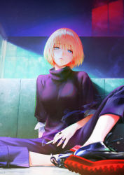 Rule 34 | 1girl, absurdres, black footwear, black sweater, blonde hair, blue eyes, blue pants, cigarette, closed mouth, earrings, highres, holding, holding cigarette, jewelry, looking at viewer, nababa, original, pants, ring, short hair, sitting, sleeves rolled up, sweater, turtleneck, turtleneck sweater