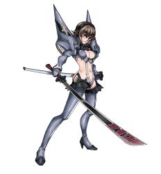 Rule 34 | 10s, 1girl, adapted costume, armor, black panties, boots, breasts, brown eyes, brown hair, closed mouth, cosplay, emblem, foreshortening, frown, full body, garter straps, girls und panzer, grey footwear, grey hair, headphones, high heel boots, high heels, highres, holding, holding sword, holding weapon, junketsu, junketsu (cosplay), kill la kill, kuromorimine military uniform, looking at viewer, medium breasts, navel, nishizumi maho, panties, parody, pauldrons, scabbard, sheath, short hair, shoulder armor, shrug (clothing), simple background, solo, standing, style parody, suspenders, sword, thigh boots, thighhighs, underwear, v-shaped eyebrows, wani02, weapon, white background