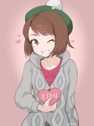 Rule 34 | 1girl, blush, bob cut, bright pupils, brown eyes, brown hair, buttons, cable knit, cardigan, character print, collared dress, commentary, creatures (company), dress, english commentary, eyelashes, game freak, gen 3 pokemon, gloria (pokemon), green hat, grey cardigan, grin, hat, heart, highres, holding, hooded cardigan, looking at viewer, luvdisc, milka (milk4ppl), nintendo, one eye closed, pink dress, pokemon, pokemon (creature), pokemon swsh, short hair, signature, smile, solo, tam o&#039; shanter, upper body, white pupils