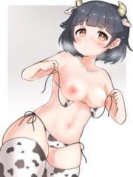 Rule 34 | animal ears, animal print, bang dream!, belly, bikini, black hair, breasts, cow ears, cow horns, cow print, cow print bikini, cow print thighhighs, horns, muffin top, nipples, print bikini, print thighhighs, red eyes, removing bra, swimsuit, thick thighs, thighs, ushigome rimi