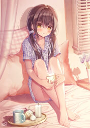 Rule 34 | 1girl, barefoot, bed, blush, brown hair, cup, feet, highres, long hair, looking at viewer, low twintails, mug, pajamas, tagme, toes, twintails, yellow eyes