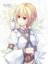 Rule 34 | 1girl, bird, blonde hair, braid, children of the rune, heart, hitsuki rei, isolestie (children of the rune), jewelry, leaf, necklace, red eyes, short hair, solo, source request, tales weaver