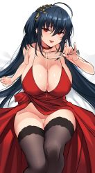 Rule 34 | 1girl, absurdres, ahoge, arm support, azur lane, bad id, bad pixiv id, bare shoulders, black hair, black thighhighs, blush, breasts, choker, cleavage, cocktail dress, collarbone, commentary, dress, hair between eyes, hair ornament, highres, large breasts, long hair, looking at viewer, ndgd, no panties, official alternate costume, one side up, pouring, pouring onto self, red choker, red dress, red eyes, simple background, sitting, smile, solo, taihou (azur lane), taihou (forbidden feast) (azur lane), thighhighs, tongue, tongue out, very long hair, wakamezake, white background