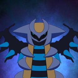 Rule 34 | alternate color, animal focus, artist request, black sclera, blue eyes, colored sclera, creatures (company), dragon, dragon wings, game freak, gen 4 pokemon, giratina, giratina (altered), highres, horns, legendary pokemon, looking at viewer, nintendo, no humans, pokemon, pokemon (creature), shiny pokemon, simple background, solo, upper body, wings