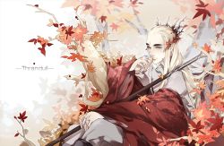 Rule 34 | 1boy, artist request, autumn, autumn leaves, blonde hair, character name, closed mouth, collar, elf, grey pants, hand on own face, hand on own knee, jewelry, leaf, tolkien&#039;s legendarium, long hair, long sleeves, looking at viewer, male focus, maple leaf, pants, pointy ears, ring, sitting, solo, staff, the hobbit, the lord of the rings, thranduil, tiara