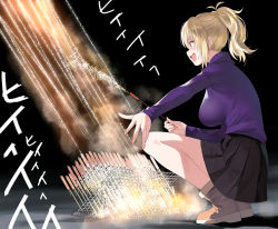 Rule 34 | 1girl, :d, a1 (initial-g), black background, black skirt, blonde hair, boots, breasts, brown footwear, commentary request, holding, holding fireworks, large breasts, long sleeves, love live!, love live! nijigasaki high school idol club, miyashita ai, open mouth, pleated skirt, ponytail, purple shirt, shirt, simple background, skirt, smile, solo, squatting