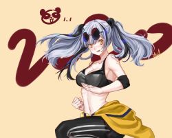 Rule 34 | 1girl, :d, animal ears, arknights, bare arms, bare shoulders, beige background, black hair, black pants, breasts, cleavage, clenched hand, clothes around waist, commentary, crop top, elbow pads, feater (arknights), feater (dojo star) (arknights), highres, jacket, jacket around waist, kinobi, large breasts, long hair, looking at viewer, midriff, multicolored hair, navel, official alternate costume, open mouth, panda ears, pants, silver hair, simple background, smile, solo, sports bra, stomach, streaked hair, sunglasses, sunglasses on head, track pants, yellow eyes, yellow jacket