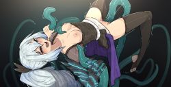 Rule 34 | 1girl, :d, black thighhighs, blue eyes, breasts, brown ribbon, brown shirt, brown thighhighs, commentary, commission, consensual tentacles, copyright request, english commentary, gauntlets, gradient background, hair ribbon, highres, long hair, nipples, no bra, no shoes, open mouth, ponytail, ribbon, shiny clothes, shirt, shuuko (s h uuko), skindentation, skirt, smile, solo, stirrup legwear, teeth, tentacle sex, tentacles, thighhighs, toeless legwear, tongue, tongue out, upper teeth only, vaginal, white hair, white skirt