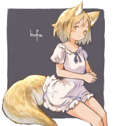 Rule 34 | 1girl, animal ear fluff, animal ears, brown eyes, brown hair, dress, expressionless, fox ears, fox girl, fox tail, highres, looking at viewer, mote max, original, own hands together, short dress, short hair, short sleeves, sitting, solo, tail, thighs, white dress
