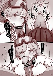 Rule 34 | 1boy, 1girl, :&gt;=, absurdres, afterimage, bent over, breast rest, breasts, checkered necktie, clenched teeth, collared shirt, commission, double-parted bangs, fellatio, gendouki, girls&#039; frontline, goggles, goggles on head, hair between eyes, hair ornament, hair over one eye, hairclip, hand on another&#039;s leg, highres, jewelry, large breasts, large penis, licking, licking penis, long hair, long sleeves, looking at viewer, moaning, mole, mole under eye, monochrome, motion lines, necktie, oral, parted bangs, penis, shirt, sig mcx (girls&#039; frontline), skeb commission, skirt, speech bubble, spread legs, teeth, tongue, tongue out