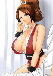 Rule 34 | 1girl, breasts, fatal fury, female focus, gradient background, ibuki rinji, large breasts, ponytail, shiranui mai, smile, snk, solo, the king of fighters