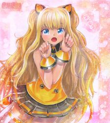 Rule 34 | 1girl, blonde hair, blue eyes, copyright name, fangs, hair ornament, heart, long hair, mayo riyo, open mouth, paw pose, seeu, skirt, solo, thighhighs, traditional media, vocaloid, white thighhighs