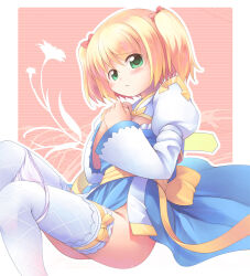 Rule 34 | 1girl, arch bishop (ragnarok online), blonde hair, blue dress, blush, bow, breasts, cleavage, cleavage cutout, closed mouth, clothing cutout, commentary request, cross, dress, emurin, feet out of frame, fishnet thighhighs, fishnets, frilled dress, frilled thighhighs, frills, frown, green eyes, hair bow, juliet sleeves, long sleeves, looking at viewer, multiple hair bows, own hands together, panties, panties around knees, puffy sleeves, ragnarok online, red bow, sash, short hair, small breasts, solo, thighhighs, two-tone dress, two side up, underwear, white dress, white panties, white thighhighs, yellow sash