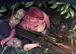 Rule 34 | 1girl, anti-materiel rifle, cartridge, cat, commentary request, girls&#039; frontline, gloves, gun, hat, ntw-20, ntw-20 (girls&#039; frontline), pink hair, purple eyes, red hair, rifle, sniper rifle, weapon, yaguo