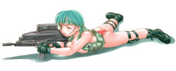 Rule 34 | 1girl, aiming, airburst grenade launcher, alliant techsystems, ass, assault rifle, bandana, bikini, boots, breasts, bulletproof vest, bullpup, carbine, cleavage, combat boots, computerized scope, contraves brashear systems, female focus, fingerless gloves, gloves, green eyes, green hair, grenade launcher, gun, heckler &amp; koch, holding, holding gun, holding weapon, huge weapon, l-3 communications corporation, l3 technologies, long gun, lying, military program, mizuyoukan (norad), modular weapon system, mokomoko (robocop), multi-weapon, multiple-barrel firearm, night-vision device, objective individual combat weapon (military program), objective infantry combat weapon (military program), one eye closed, original, precision-guided firearm, prototype design, revealing clothes, rifle, scope, selectable assault battle rifle (military program), semi-automatic firearm, semi-automatic grenade launcher, short-barreled rifle, sight (weapon), smart scope, solo, swimsuit, telescopic sight, thermal weapon sight, transforming weapon, under-barrel configuration, underbarrel assault rifle, underbarrel rifle, weapon, wedgie, white background, xm104 (smart scope), xm29 oicw