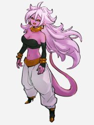 Rule 34 | 1girl, android 21, bare shoulders, black sclera, bracelet, breasts, cleavage, colored sclera, colored skin, detached sleeves, dragon ball, dragon ball fighterz, earrings, full body, hair between eyes, hoop earrings, jewelry, kemachiku, long hair, majin android 21, messy hair, open mouth, pants, pink hair, pink skin, pointy ears, red eyes, solo, tail, white pants