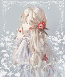 Rule 34 | 1girl, absurdres, alternate costume, alternate hairstyle, anemone (flower), blue eyes, braid, character name, dress, earrings, flower, flower earrings, flower ring, grey background, grey hair, hair flower, hair ornament, hair ribbon, highres, isekai joucho, jewelry, kamitsubaki studio, light smile, long hair, looking at viewer, looking back, own hands together, red ribbon, ribbon, ring, solo, sparkle, upper body, very long hair, virtual youtuber, walluka, white dress, wrist cuffs