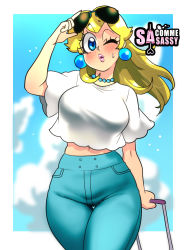 Rule 34 | 1girl, arm up, artist logo, artist name, blonde hair, blue background, blue eyes, blue pants, blush, border, breasts, cloud, denim, earrings, eyelashes, eyewear on head, floating hair, hair strand, hand on glasses, high-waist pants, highres, hip focus, jeans, jewelry, large breasts, lips, long hair, looking at viewer, loose clothes, loose shirt, luggage, mario (series), midriff peek, navel, necklace, nintendo, one eye closed, pants, parted lips, pink lips, pocket, princess peach, rolling suitcase, sasa tseng, see-through, see-through shirt, shirt, short sleeves, solo, suitcase, sunglasses, sunglasses on head, super mario bros. 1, sweatdrop, taut clothes, taut shirt, thigh gap, thighs, tight clothes, tight pants, white border, white shirt, wide sleeves