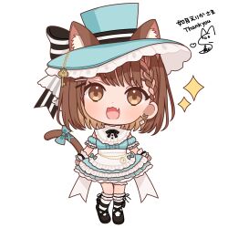 Rule 34 | 1girl, :d, animal ear fluff, animal ears, apron, black bow, black footwear, blue dress, blue hat, blue sleeves, bow, braid, braided bangs, brown eyes, brown hair, cat ears, cat girl, cat tail, chibi, commentary request, copyright request, detached sleeves, dress, earrings, eyebrows hidden by hair, fang, frilled apron, frilled dress, frills, full body, hair ornament, hairclip, hat, hat bow, highres, jewelry, key, kneehighs, kurono kito, looking at viewer, open mouth, puffy short sleeves, puffy sleeves, shoes, short sleeves, simple background, sleeveless, sleeveless dress, smile, socks, solo, sparkle, standing, striped, striped bow, tail, thank you, virtual youtuber, waist apron, white apron, white background, white socks