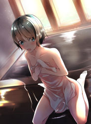 Rule 34 | 1girl, black hair, blue eyes, blush, comah, covering privates, covering chest, hands on own chest, indoors, kneeling, naked towel, nude cover, onsen, open mouth, original, own hands together, short hair, solo, teeth, towel