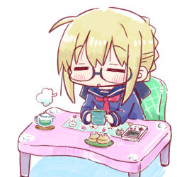 Rule 34 | 1girl, :o, = =, artoria pendragon (fate), blonde hair, blue-framed eyewear, blue sailor collar, blue shirt, blush, braid, chair, chibi, closed eyes, commentary request, cup, fate/grand order, fate (series), game boy, glasses, handheld game console, holding, holding cup, kasuga yuuki, mysterious heroine x alter (fate), on chair, parted lips, sailor collar, school uniform, semi-rimless eyewear, serafuku, shirt, simple background, sitting, solo, teapot, under-rim eyewear, upper body, white background, yunomi