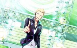 Rule 34 | 1boy, blonde hair, blue eyes, fingernails, high collar, highres, idolmaster, idolmaster side-m, idolmaster side-m live on stage!, ijuuin hokuto, male focus, official art, open mouth, pointing, solo, spotlight, stage, third-party source