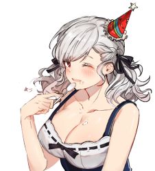 Rule 34 | 1girl, bad id, bad pixiv id, birthday, blush, bow, breasts, cizzi, cleavage, collarbone, dress, girls&#039; frontline, hair bow, hair ornament, hair ribbon, hat, large breasts, long hair, looking at viewer, one eye closed, open mouth, party hat, red eyes, ribbon, silver hair, smile, solo, spas-12 (girls&#039; frontline), white background